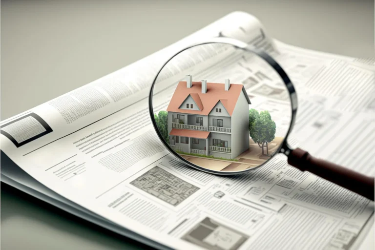 magnifier-front-open-newspaper-with-paper-houses-white-background